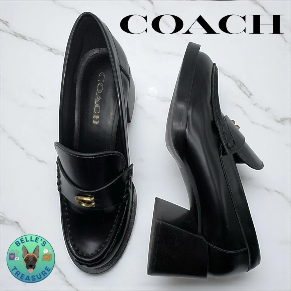 Coach Natalie‎ Womens Loafer 6 Black Leather Block Heels Chunky Sole Y2K Shoes